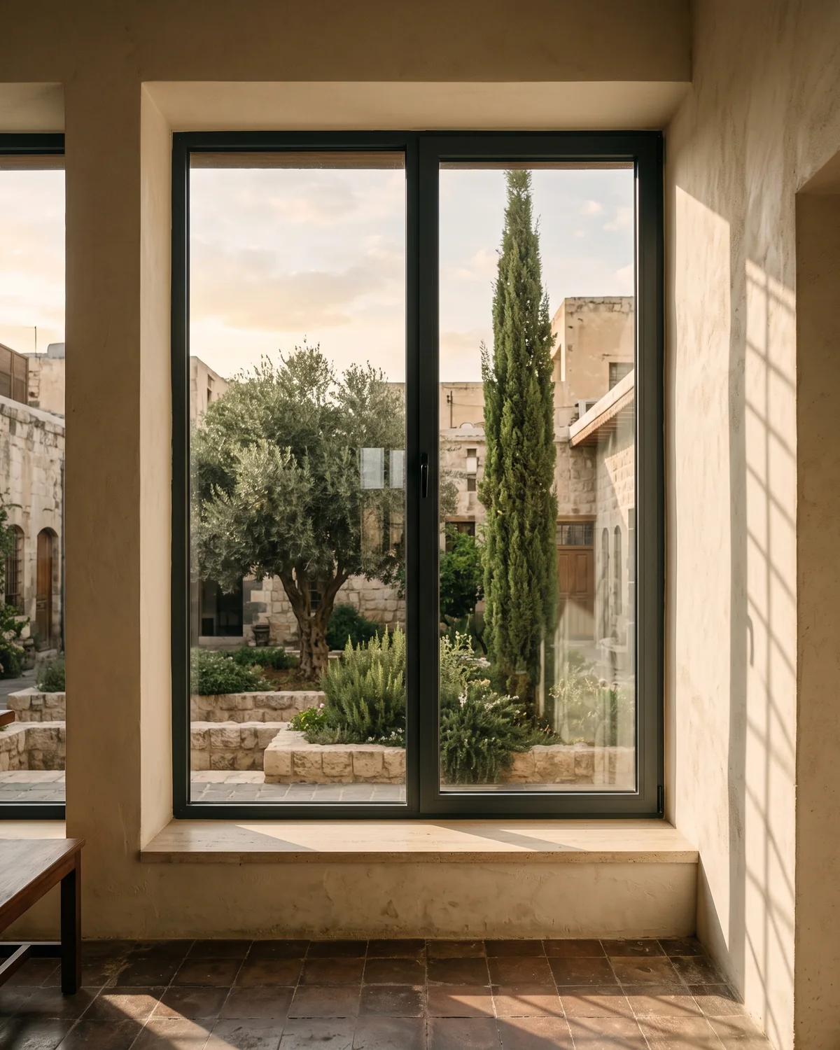 A PVC window with anthracite frames and a middle registration, seen from a plastered room onto a stone courtyard with an olive tree and cypress
